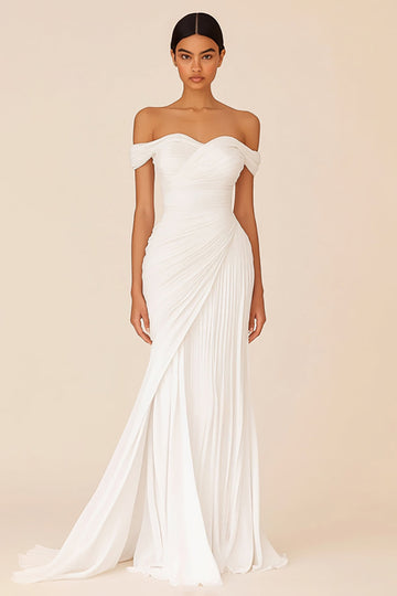 Robe de mariée longue froncée fourreau blanc à épaules dénudées
